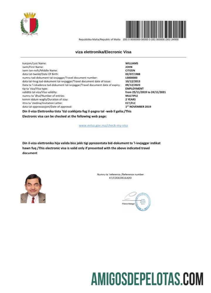 em branco Visto Malta E em modelo Word e PDF